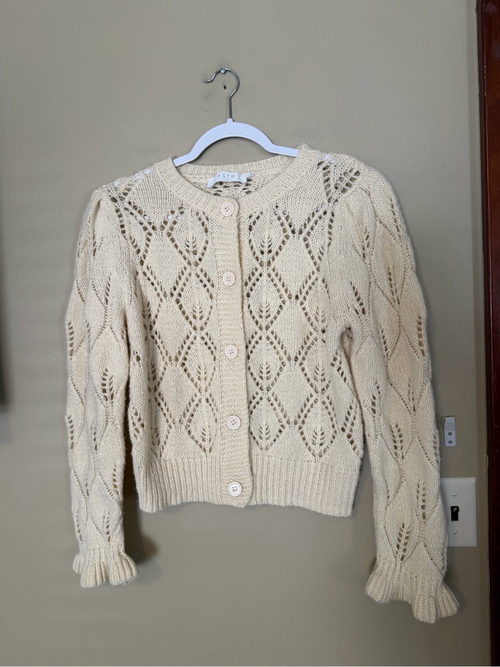 Astr Cream Openwork Knit Button-Front Cardigan - Picture 2 of 7